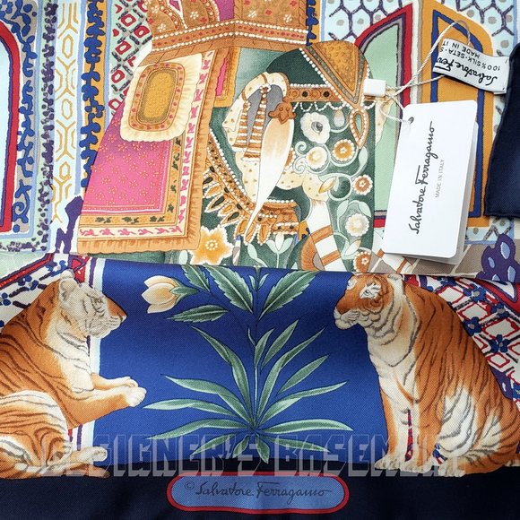 SALVATORE FERRAGAMO navy Jungle Tower GEMMA ELEPHANT silk scarf NWT + envelope🎁 - Picture 3 of 5